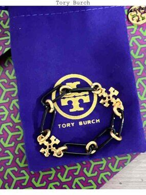 Tory Burch Black and Gold Logo Link Bracelet